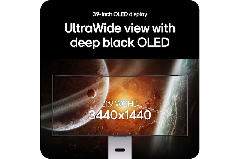 LG Monitor 39GX90SA showcases the 39-inch UltraWide OLED display, highlighting 21:9 WQHD (3440x1440) resolution and deep black OLED technology for impressive visuals.