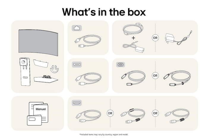 LG Monitor 39GX90SA showing an overview of all included components, including the monitor body, stand parts, manual, power adapter, and USB-C, DP, and HDMI cables.