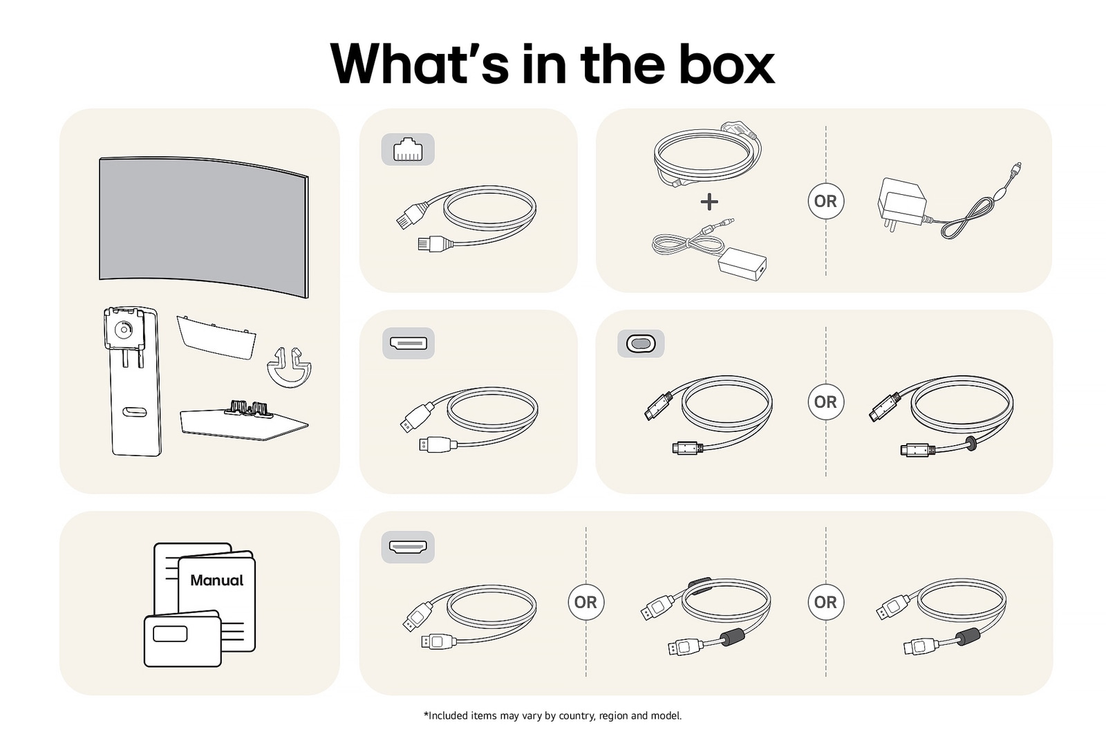 LG Monitor 39GX90SA showing an overview of all included components, including the monitor body, stand parts, manual, power adapter, and USB-C, DP, and HDMI cables.