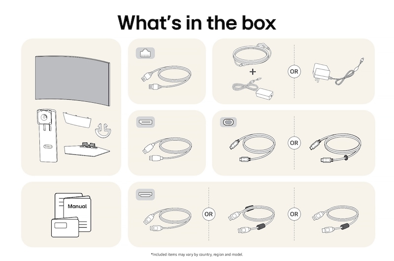 LG Monitor 39GX90SA showing an overview of all included components, including the monitor body, stand parts, manual, power adapter, and USB-C, DP, and HDMI cables.