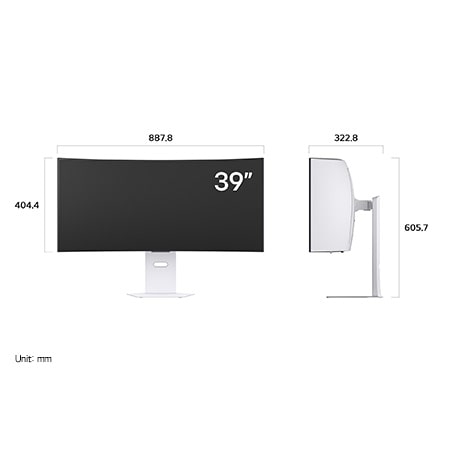 LG Monitor 39GX90SA in a white finish displaying product dimensions of the Curved Display, measuring 887.8 mm width, 404.4 mm display height, 605.7 mm total height, and 322.8 mm depth.