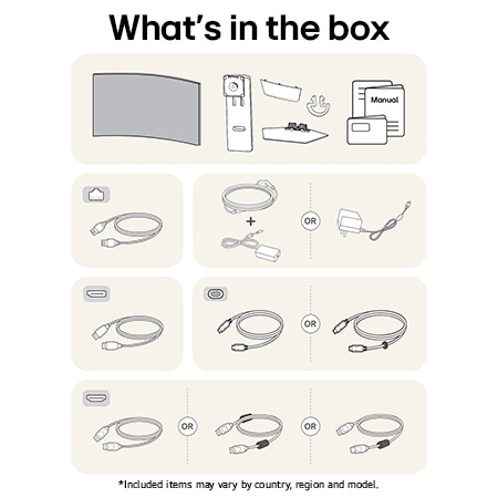 LG Monitor 39GX90SA showing an overview of all included components, including the monitor body, stand parts, manual, power adapter, and USB-C, DP, and HDMI cables.