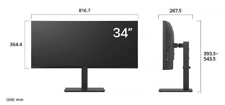 LG UltraWide Monitor 34BA75QE displaying dimensions, measuring 816.7 mm width, 364.4 mm display height, 393.5 mm to 543.5 mm total height, and 267.5 mm depth.