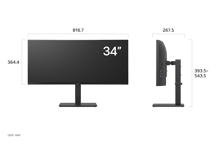 LG UltraWide Monitor 34BA75QE displaying dimensions, measuring 816.7 mm width, 364.4 mm display height, 393.5 mm to 543.5 mm total height, and 267.5 mm depth.