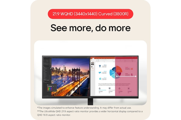 LG UltraWide Monitor 34BA75QE showcasing multitasking on its 21:9 WQHD (3440x1440) Curved (3800R) Display, providing an expanded workspace.