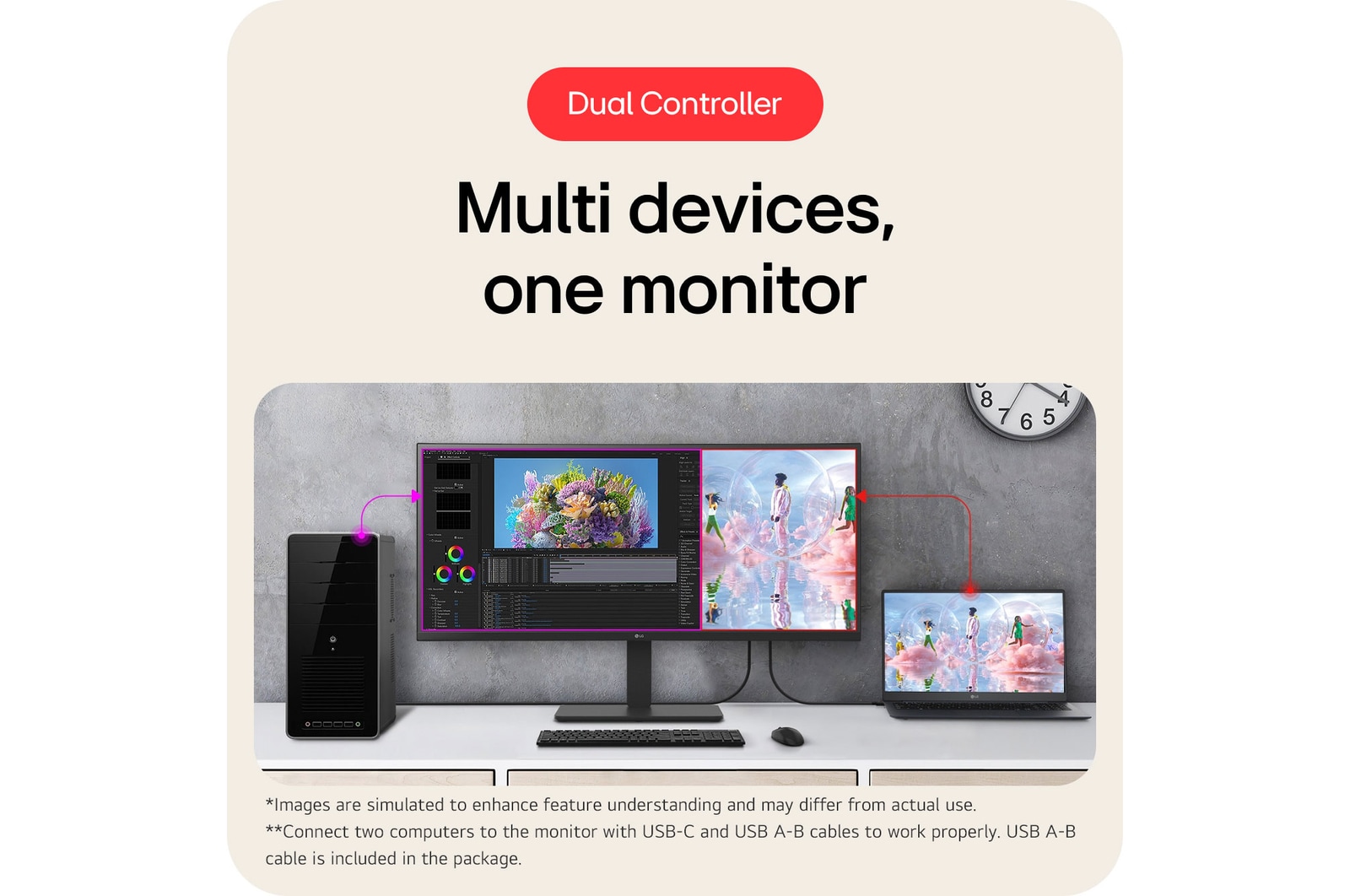 The Dual Controller feature on the LG UltraWide Monitor 34BA75QE demonstrates simultaneous work on two PCs (desktop and laptop) on a single screen.