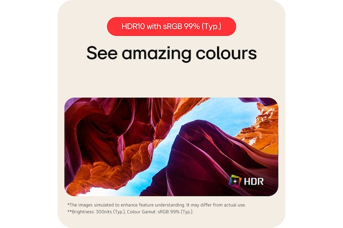 LG UltraWide Monitor 34BA75QE featuring HDR10 support and sRGB 99% colour gamut, displaying amazing and vivid colours at 300 nits brightness.