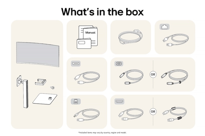 LG UltraWide Monitor 34BA75QE showing an overview of all included components, including the monitor body, stand, manual, USB-C, LAN, HDMI, and DP cables.