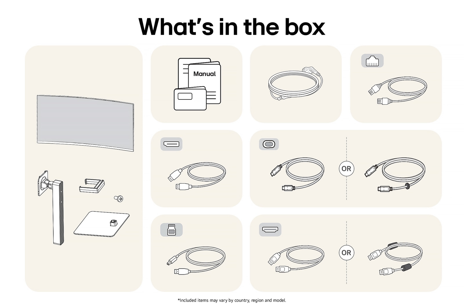 LG UltraWide Monitor 34BA75QE showing an overview of all included components, including the monitor body, stand, manual, USB-C, LAN, HDMI, and DP cables.