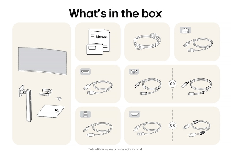 LG UltraWide Monitor 34BA75QE showing an overview of all included components, including the monitor body, stand, manual, USB-C, LAN, HDMI, and DP cables.