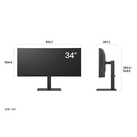 LG UltraWide Monitor 34BA75QE displaying dimensions, measuring 816.7 mm width, 364.4 mm display height, 393.5 mm to 543.5 mm total height, and 267.5 mm depth.
