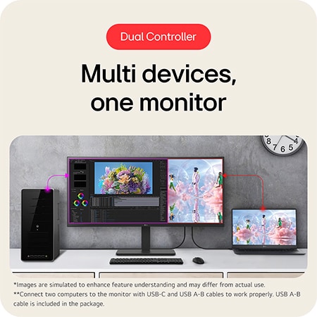 The Dual Controller feature on the LG UltraWide Monitor 34BA75QE demonstrates simultaneous work on two PCs (desktop and laptop) on a single screen.