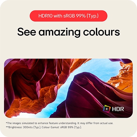 LG UltraWide Monitor 34BA75QE featuring HDR10 support and sRGB 99% colour gamut, displaying amazing and vivid colours at 300 nits brightness.
