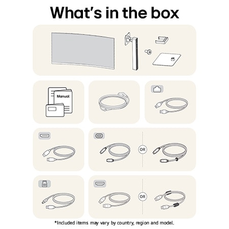 LG UltraWide Monitor 34BA75QE showing an overview of all included components, including the monitor body, stand, manual, USB-C, LAN, HDMI, and DP cables.