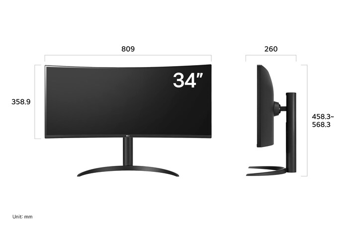 LG UltraWide Monitor 34WR55QK displaying dimensions, measuring 809 mm width, 358.9 mm display height, 458.3 mm to 568.3 mm total height, and 260 mm depth.