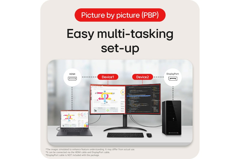 LG UltraWide Monitor 34WR55QK showcasing the Picture-by-Picture (PBP) function, displaying two device screens side-by-side for easy multi-tasking setup.