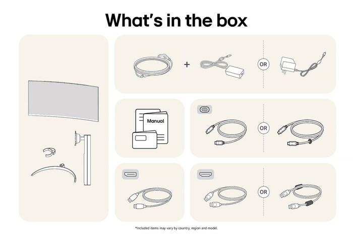 LG UltraWide Monitor 34WR55QK showing an overview of all included components in the box, including the monitor body, stand, manual, USB-C, HDMI, and DP cables.