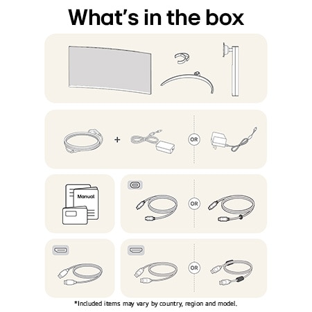 LG UltraWide Monitor 34WR55QK showing an overview of all included components in the box, including the monitor body, stand, manual, USB-C, HDMI, and DP cables.