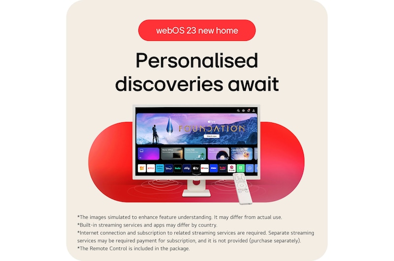 The LG Smart Monitor 32SR50F in a white finish, featuring the webOS 23 smart platform, enabling access to streaming apps and personalized content via a remote control.