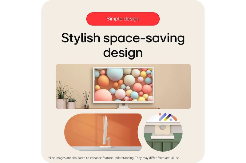 The LG Smart Monitor 32SR50F in a white finish, showcases its space-saving design with a 3-side slim bezel and a clean, square stand base.