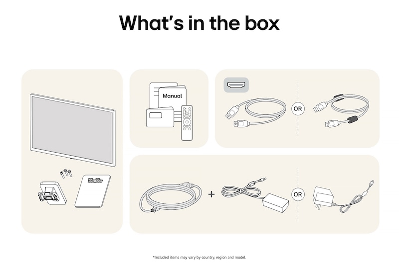 The LG Smart Monitor 32SR50F in a white finish showing an overview of all included components, including the monitor body, stand parts, manual, remote control, and HDMI cable.
