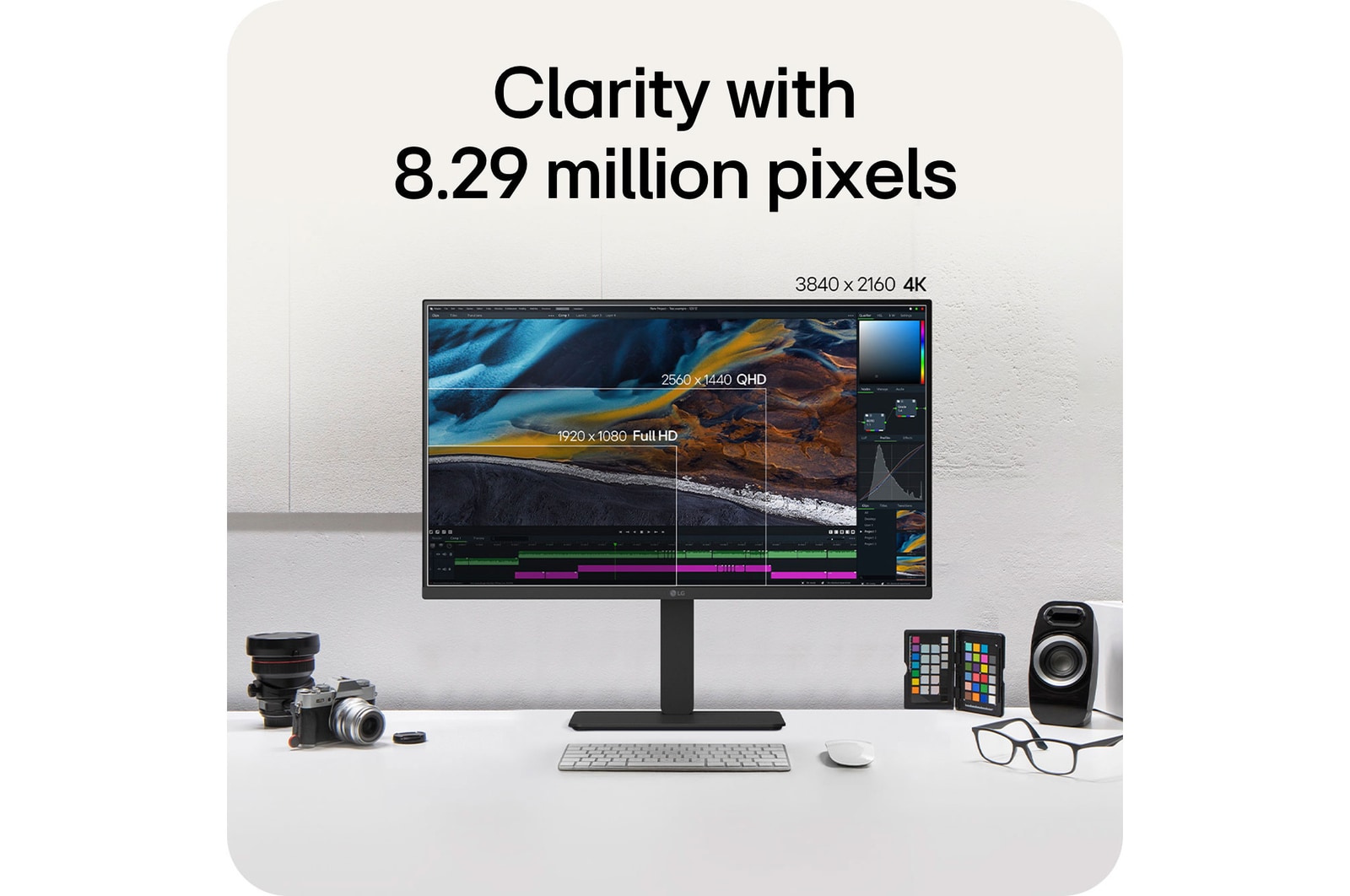 LG Monitor 32U720A emphasizing clarity through 8.29 million pixels with 4K UHD (3840x2160) resolution, demonstrating precise detail for video editing and design.
