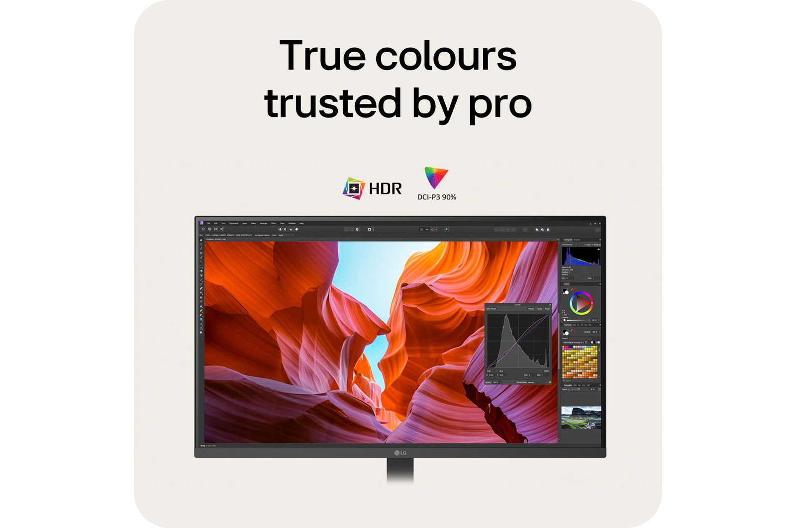 LG Monitor 32U720A ensuring true-to-life colors trusted by professionals, featuring HDR support and 90% DCI-P3 color gamut.