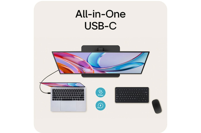LG Monitor 32U720A showcasing All-in-One USB-C connectivity, supporting 90W Power Delivery and 10 Gbps data transfer over a single cable.