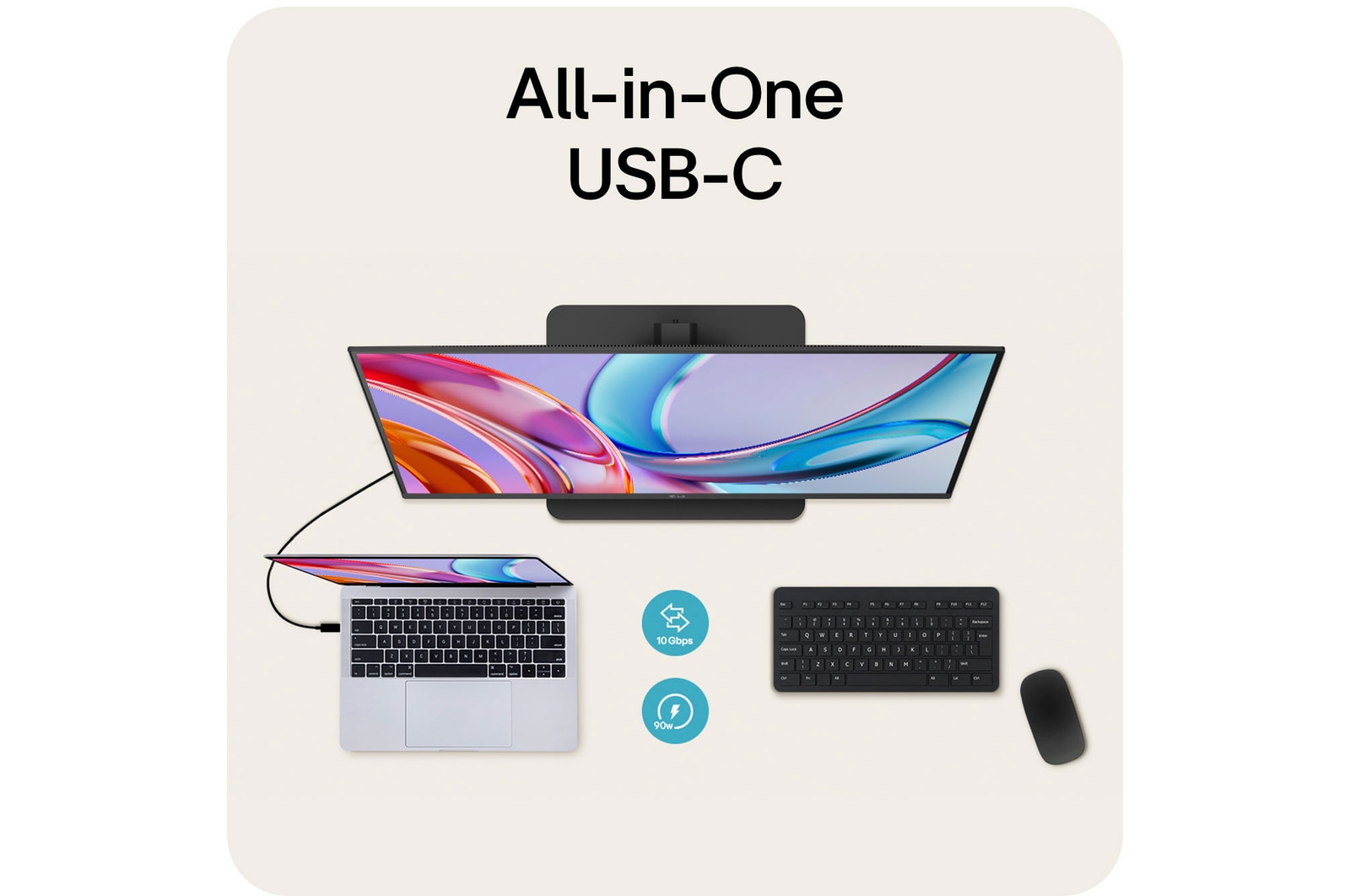 LG Monitor 32U720A showcasing All-in-One USB-C connectivity, supporting 90W Power Delivery and 10 Gbps data transfer over a single cable.