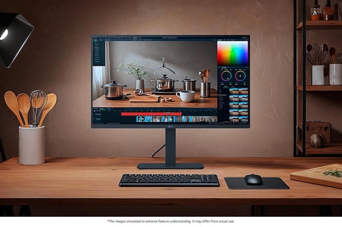 LG Monitor 32U720A in a dark finish positioned at the center of a warmly lit wooden desk setup, displaying video editing software for professional color grading.