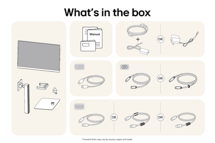 LG Monitor 32U720A showing an overview of all included components, including the monitor body, stand parts, manual, power adapter, and HDMI, DP, and USB-C cables.