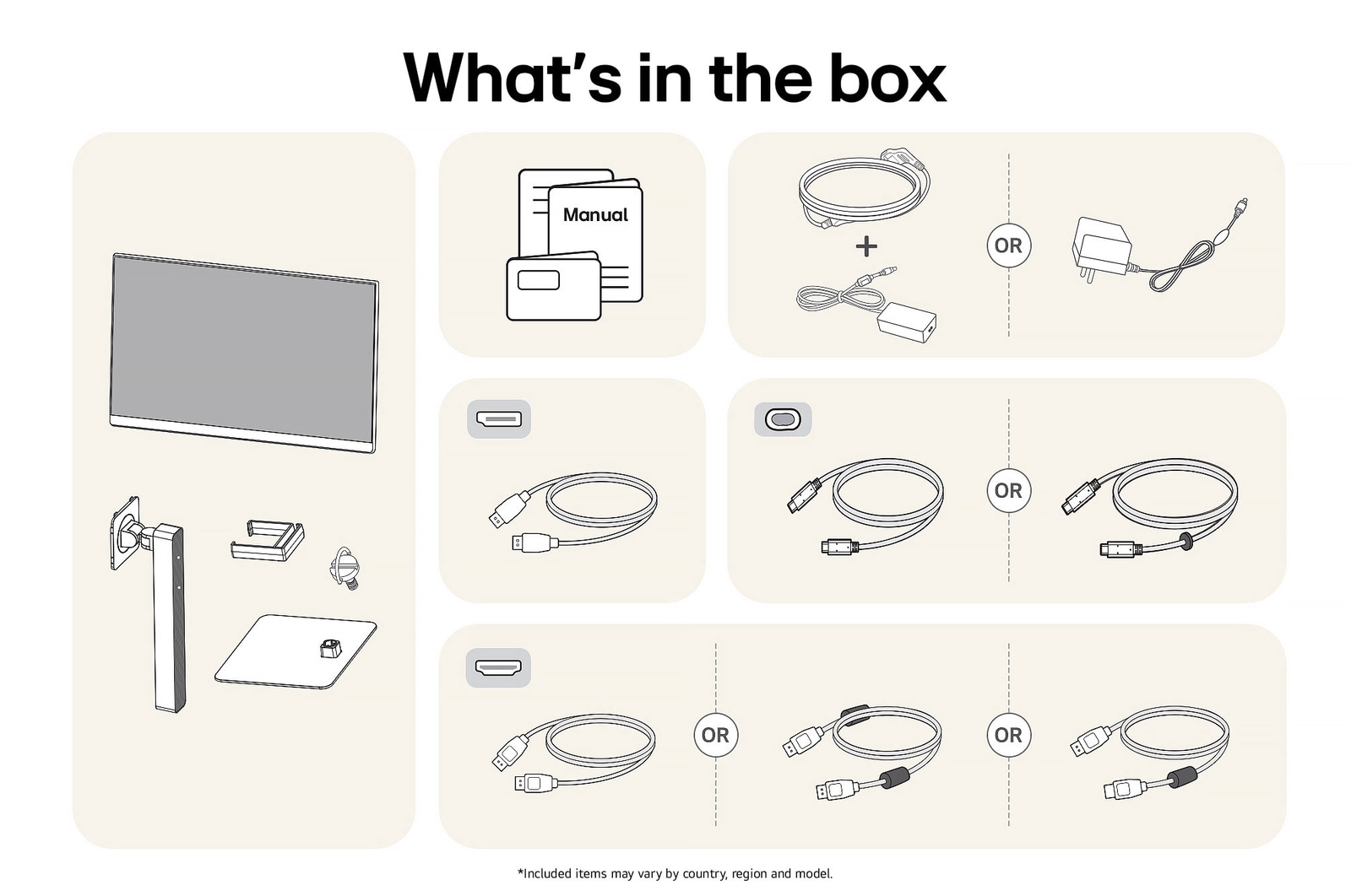 LG Monitor 32U720A showing an overview of all included components, including the monitor body, stand parts, manual, power adapter, and HDMI, DP, and USB-C cables.