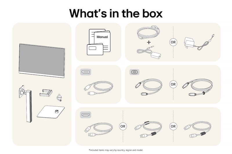 LG Monitor 32U720A showing an overview of all included components, including the monitor body, stand parts, manual, power adapter, and HDMI, DP, and USB-C cables.