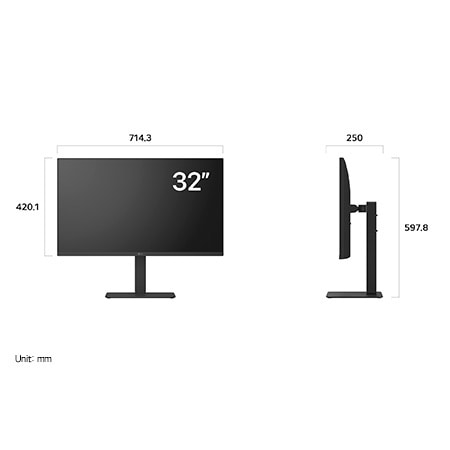 LG Monitor 32U720A in a dark finish displaying product dimensions of the 32-inch Display, measuring 714.3 mm width, 420.1 mm display height, 597.8 mm total height, and 250 mm depth.