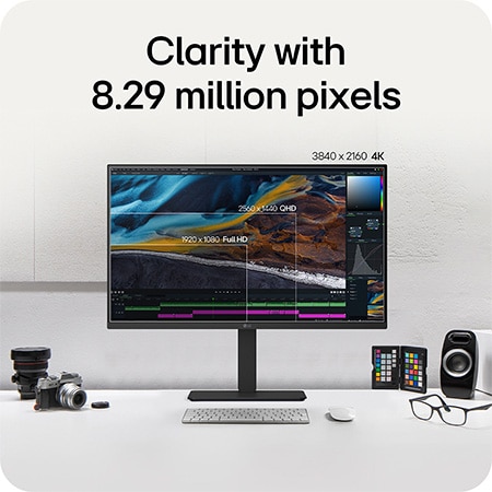 LG Monitor 32U720A emphasizing clarity through 8.29 million pixels with 4K UHD (3840x2160) resolution, demonstrating precise detail for video editing and design.