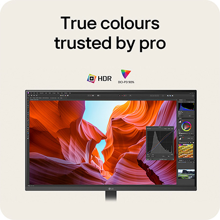 LG Monitor 32U720A ensuring true-to-life colors trusted by professionals, featuring HDR support and 90% DCI-P3 color gamut.