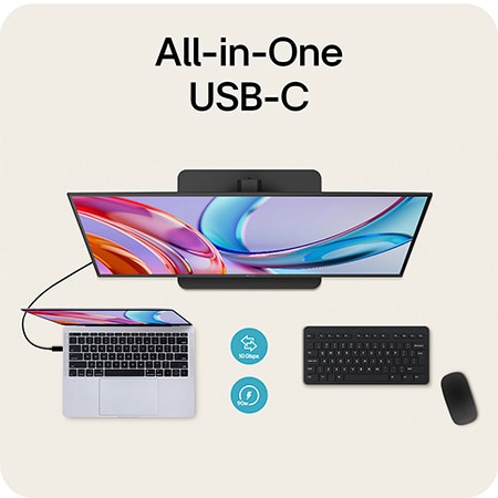 LG Monitor 32U720A showcasing All-in-One USB-C connectivity, supporting 90W Power Delivery and 10 Gbps data transfer over a single cable.