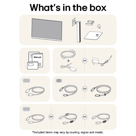 LG Monitor 32U720A showing an overview of all included components, including the monitor body, stand parts, manual, power adapter, and HDMI, DP, and USB-C cables.