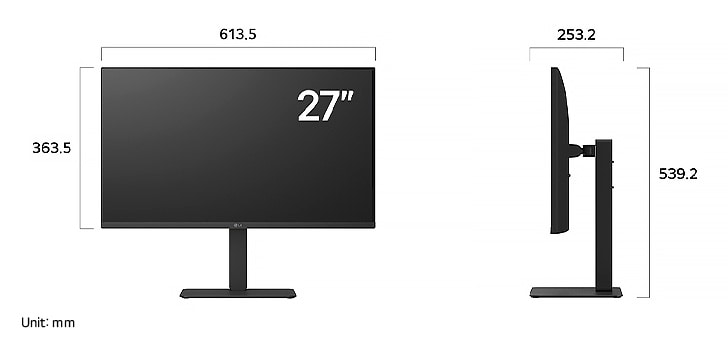 LG Monitor 27U730A in a dark finish displaying product dimensions of the 27-inch Display, measuring 613.5 mm width, 363.5 mm display height, 539.2 mm total height, and 253.2 mm depth.