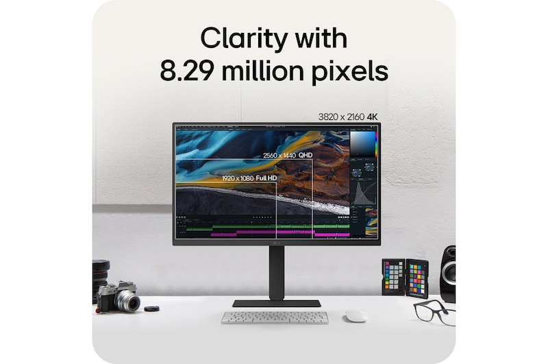 LG Monitor 27U730A emphasizing clarity through 8.29 million pixels with 4K UHD (3840x2160) resolution, demonstrating precise details for video editing and design.