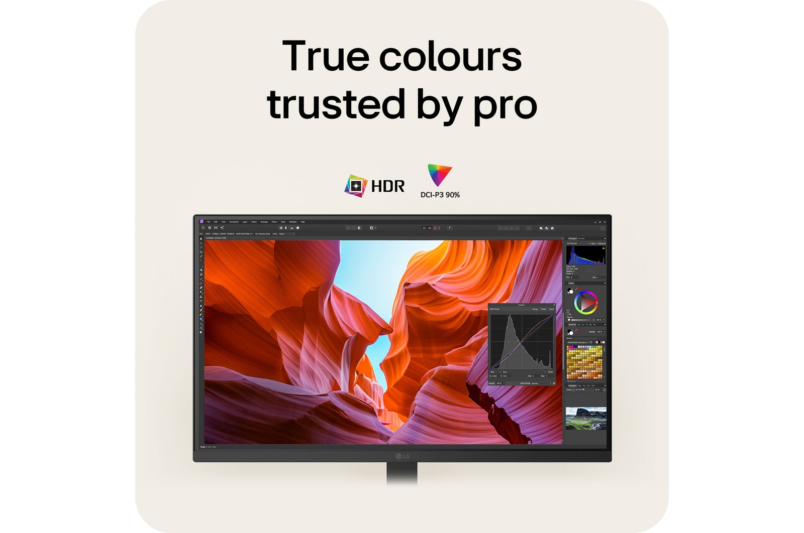 LG Monitor 27U730A ensuring true-to-life colors trusted by professionals, featuring HDR support and 90% DCI-P3 color gamut.