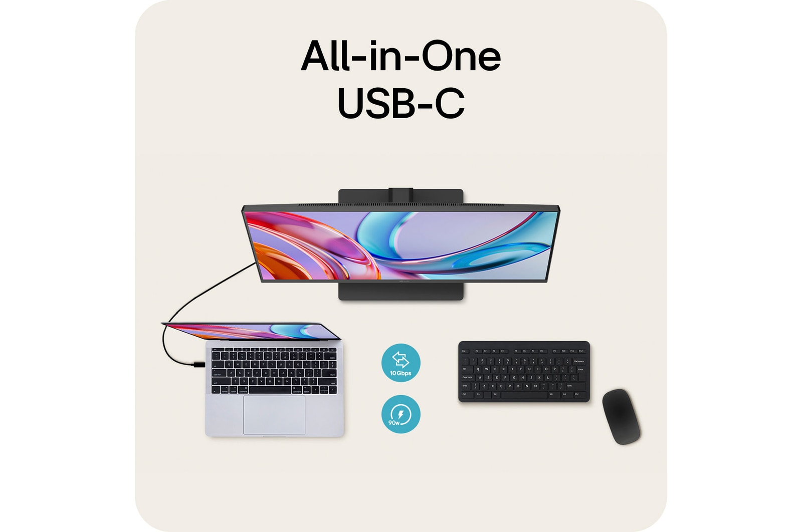 LG Monitor 27U730A showcasing All-in-One USB-C connectivity, supporting 90W Power Delivery and 10 Gbps data transfer over a single cable.