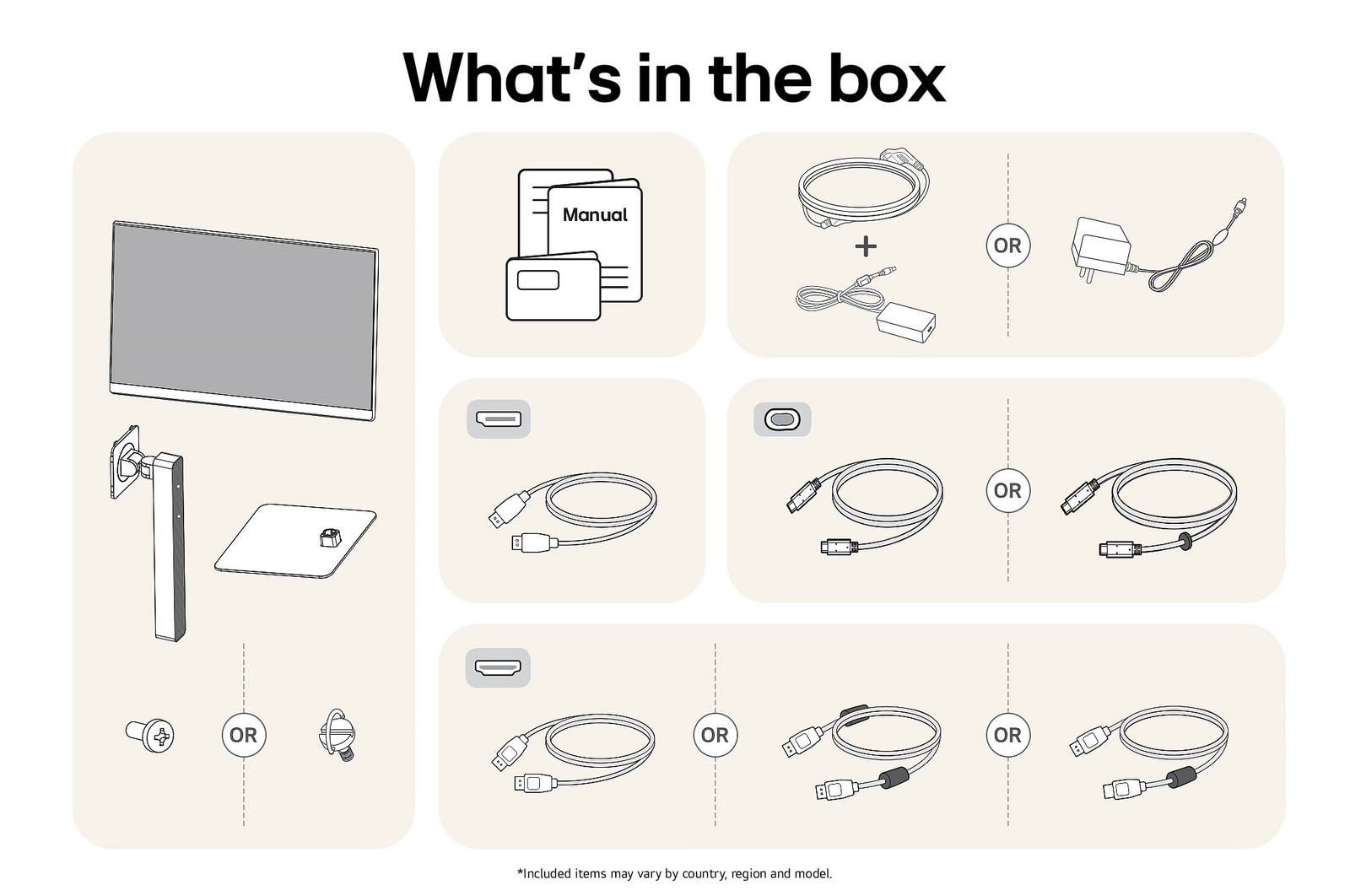 LG Monitor 27U730A showing an overview of all included components, including the monitor body, stand parts, manual, power adapter, and HDMI, DP, and USB-C cables.