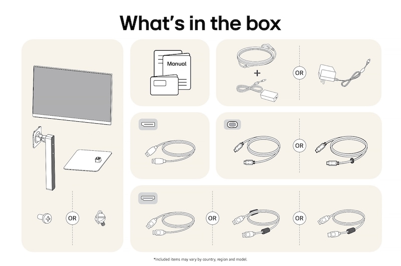 LG Monitor 27U730A showing an overview of all included components, including the monitor body, stand parts, manual, power adapter, and HDMI, DP, and USB-C cables.