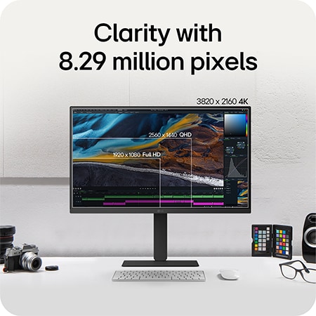 LG Monitor 27U730A emphasizing clarity through 8.29 million pixels with 4K UHD (3840x2160) resolution, demonstrating precise details for video editing and design.