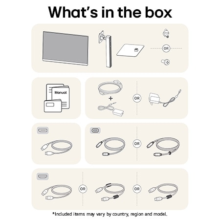 LG Monitor 27U730A showing an overview of all included components, including the monitor body, stand parts, manual, power adapter, and HDMI, DP, and USB-C cables.