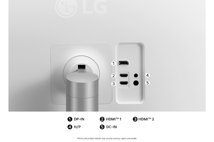 Rear view of the LG Monitor 32UN650K in a white/silver finish, showcasing dual HDMI and a DP-IN port for video connectivity.