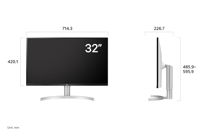 LG Monitor 32UN650K displaying dimensions, measuring 714.3 mm width, 420.1 mm display height, 485.9 mm to 595.9 mm total height, and 226.7 mm depth.