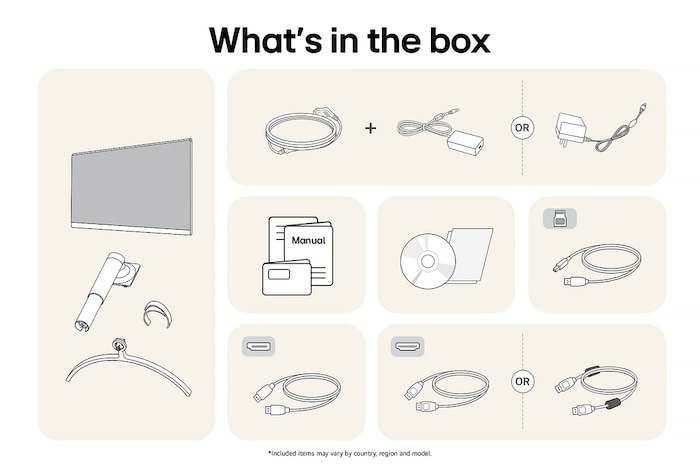 LG Monitor 32UN650K showing an overview of all included components, including the monitor body, stand parts, manual, DP, HDMI, and USB cables.