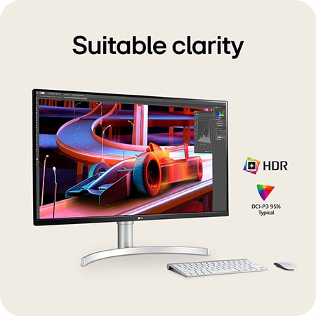 LG Monitor 32UN650K, featuring DCI-P3 95% colour gamut and HDR support, delivers suitable clarity and amazing colours for design and media applications.